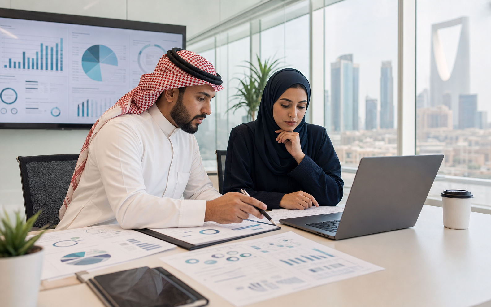 Saudi healthcare professionals analyzing medical market data